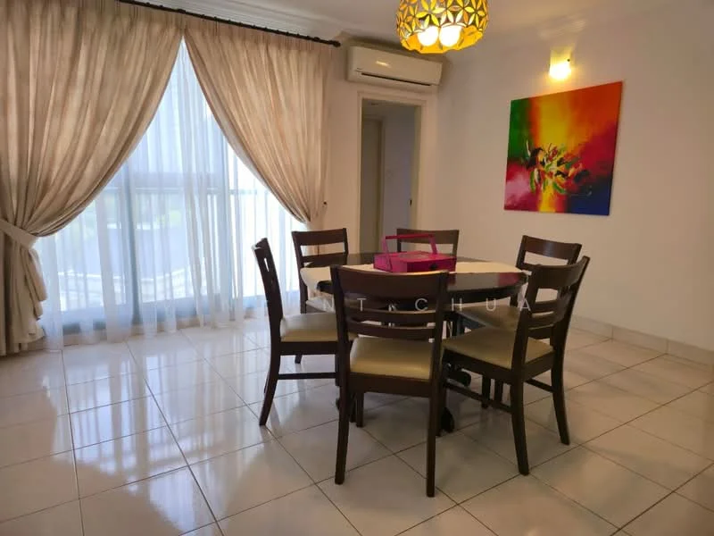 Dining features: round dining table, 6 upholstered dining chairs, white walls, large floor-to-ceiling windows, sheer curtains, recessed downlights, decorative wall art, tile flooring, air conditioning unit; style: modern; view: garden.