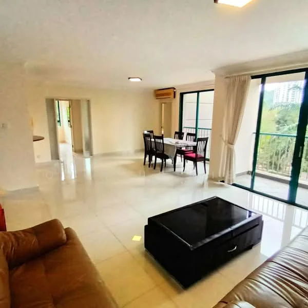 Living features: cream painted walls, glossy tile flooring, 5-blade ceiling fan, large sliding glass door, floor-to-ceiling windows, curtains, brown leather sofa, black coffee table, dining table with chairs, air conditioning unit; style: modern; view: garden.