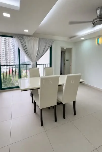 Dining features: 4-seater dining table, white upholstered dining chairs, ceiling fan with light, floor-to-ceiling windows, curtains, neutral wall colour, tile flooring, greenery view; style: modern; view: garden.
