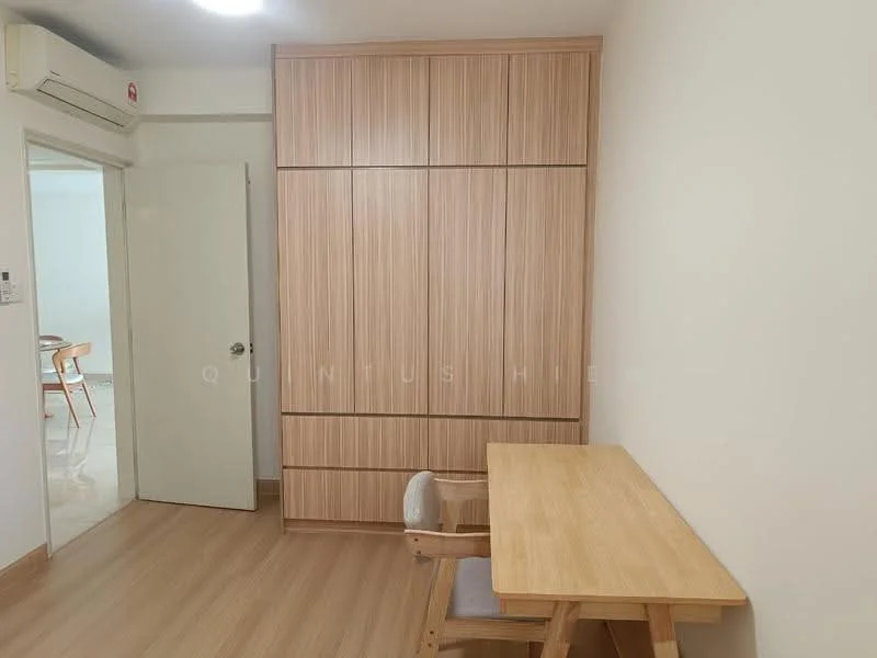Room features: light wood cabinetry, built-in wardrobe with sliding doors, wooden desk, wooden chair, laminate flooring, wall-mounted air conditioning unit, white painted walls, ceiling light fixture; style: modern.