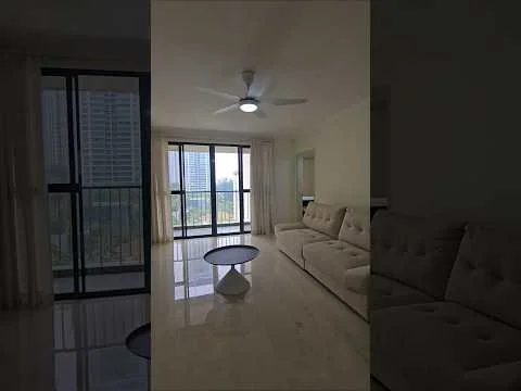 Living features: 3-seater fabric sofa in cream, round coffee table with white base, floor-to-ceiling windows, sliding glass door, sheer curtains, ceiling fan with integrated LED light, marble flooring, neutral painted walls, mirror on wall, balcony view; style: modern; view: city.