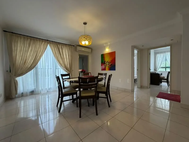 Dining features: round dining table, 6 dining chairs, chandelier, floor-to-ceiling windows, sheer curtains, white painted walls, porcelain tile flooring, air conditioning unit, decorative artwork on wall, recessed lighting; style: modern; view: garden. Living features: sofa, coffee table, area rug, floor-to-ceiling windows, sheer curtains, white painted walls, porcelain tile flooring, recessed lighting; style: modern; view: garden.