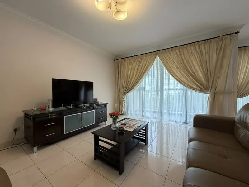 Living features: cream painted walls, white ceiling with crown moulding, marble tile flooring, 3-seater leather sofa in beige, coffee table with wooden frame, TV console with glass doors, wall-mounted TV, floor-to-ceiling windows with sheer curtains, decorative vase with flowers on coffee table, area rug, light fixture with multiple bulbs; style: modern; view: city.