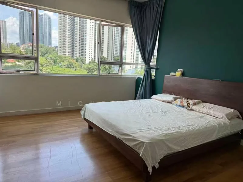 Bedroom features: king-size bed, wooden bed frame, white bedding, green accent wall, large windows, floor-to-ceiling windows, curtains, laminate flooring, decorative items on bedside table; style: modern; view: city.