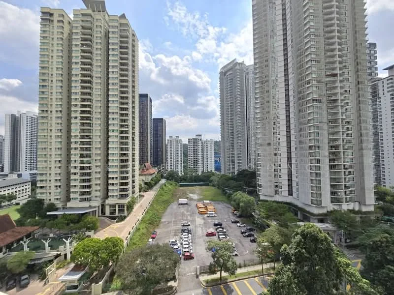 Exterior type: high-rise condominium; features: glass curtain wall, white painted facade, approximately 20-storey high-rise, manicured lawn, mature trees, open-air parking lot, surrounded by mature greenery, urban context with skyline view; style: modern.