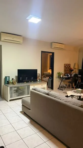 Living features: beige fabric sofa, coffee table, wall-mounted TV, TV console with storage, 2 wall-mounted split AC units, tile flooring, light fixture on ceiling, decorative plants, framed photographs, desk with chair; style: modern.