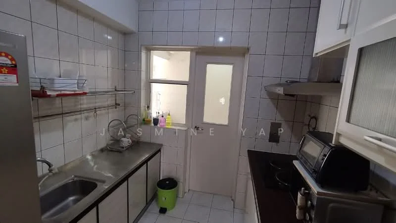 Kitchen features: single-bowl stainless-steel sink, chrome pull-down faucet, white tiled walls, grey cabinetry, built-in oven, stainless-steel fridge, microwave, black countertop, tile flooring, window above sink, open shelving, kitchen door, kitchen appliances; style: modern.