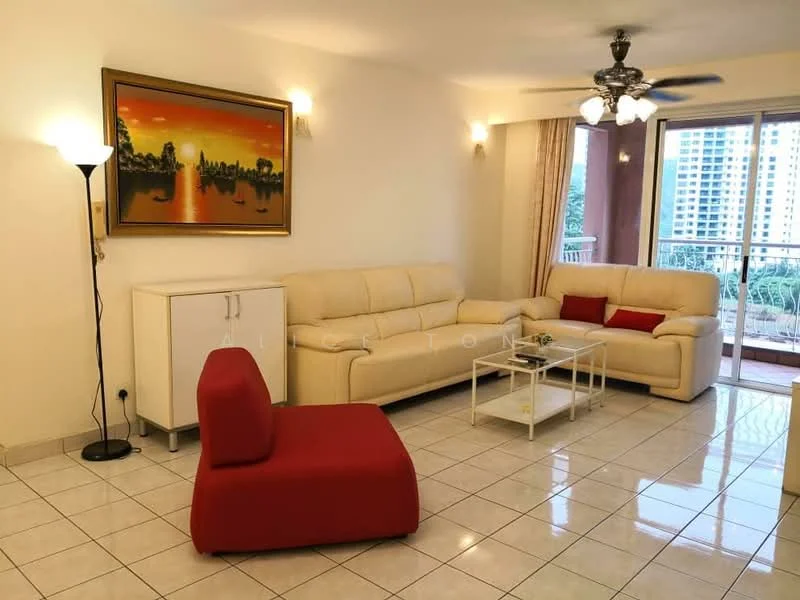 Living features: cream leather sofa, red accent chair, glass coffee table, white sideboard, framed artwork on wall, ceiling fan with light, floor-to-ceiling windows, tile flooring, balcony access, decorative cushions; style: contemporary; view: city.