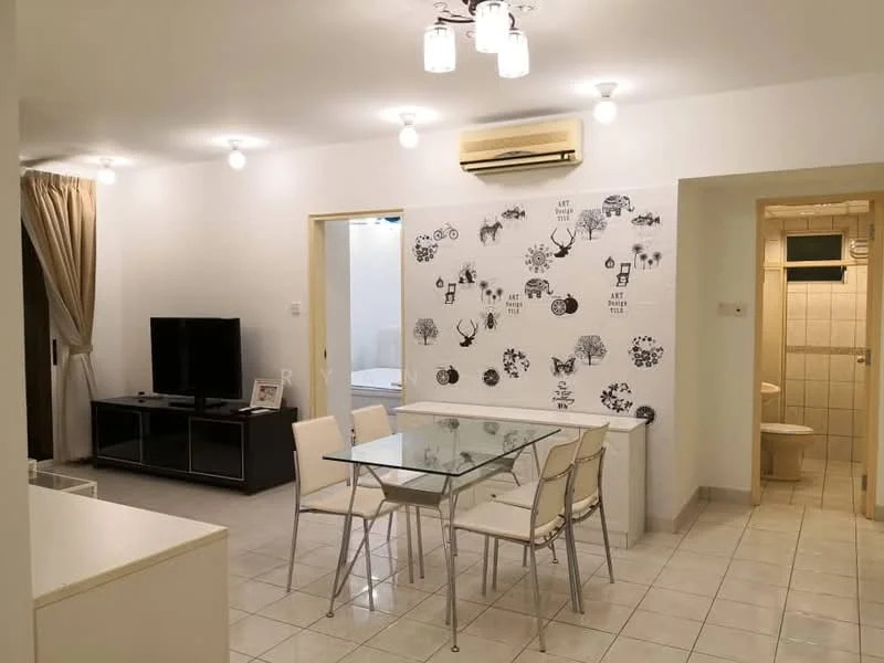 Living features: white painted walls, tile flooring, ceiling with recessed downlights, 5-blade ceiling fan, wall-mounted TV, glass dining table with metal legs, 4 white dining chairs, decorative wall with animal graphics, air conditioning unit, curtains, sofa, TV console; style: modern. Room features: bathroom door, doorway leading to another room.
