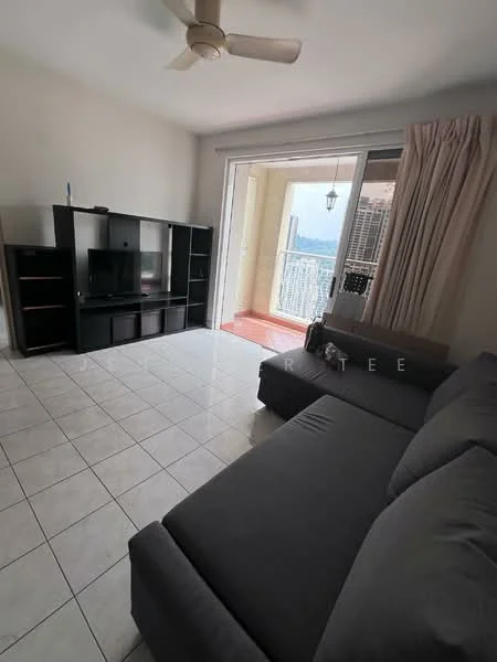 Living features: grey fabric sectional sofa, black TV console, wall-mounted TV, floor-to-ceiling sliding glass door, white painted walls, white tiled flooring, ceiling fan, curtains, balcony access, area rug; style: modern; view: city.