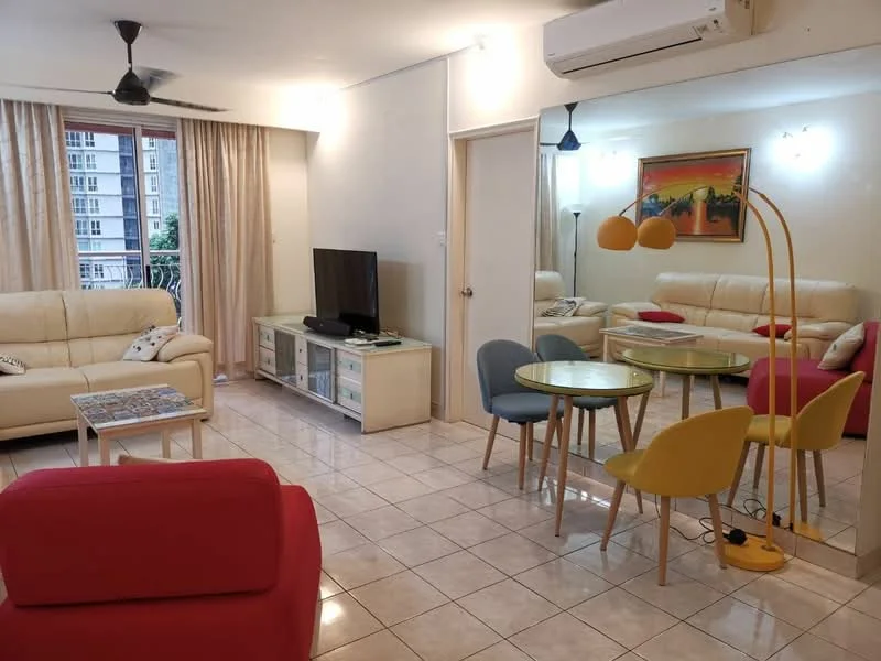 Living features: cream leather sofa, red fabric armchair, glass coffee table, TV console with storage, flat-screen TV, dining table with yellow and grey chairs, ceiling fan, recessed lighting, mirror on wall, curtains, tile flooring; style: modern. Room features: wall-mounted air conditioning unit, decorative artwork.