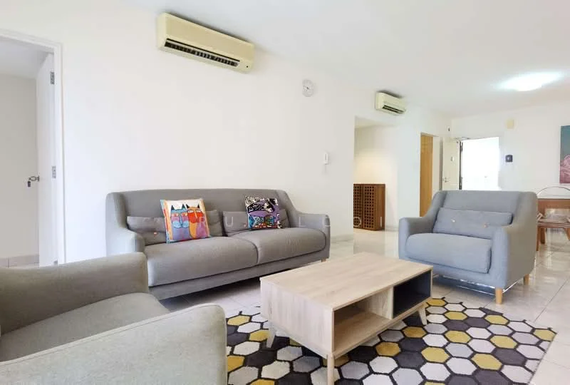 Living features: 3-seater fabric sofa in grey, 2-seater fabric sofa in light grey, coffee table with wooden top, area rug with geometric pattern, wall-mounted split AC unit, wall-mounted split AC unit, white painted walls, tile flooring, decorative throw pillows with colorful patterns, natural light from windows; style: modern.