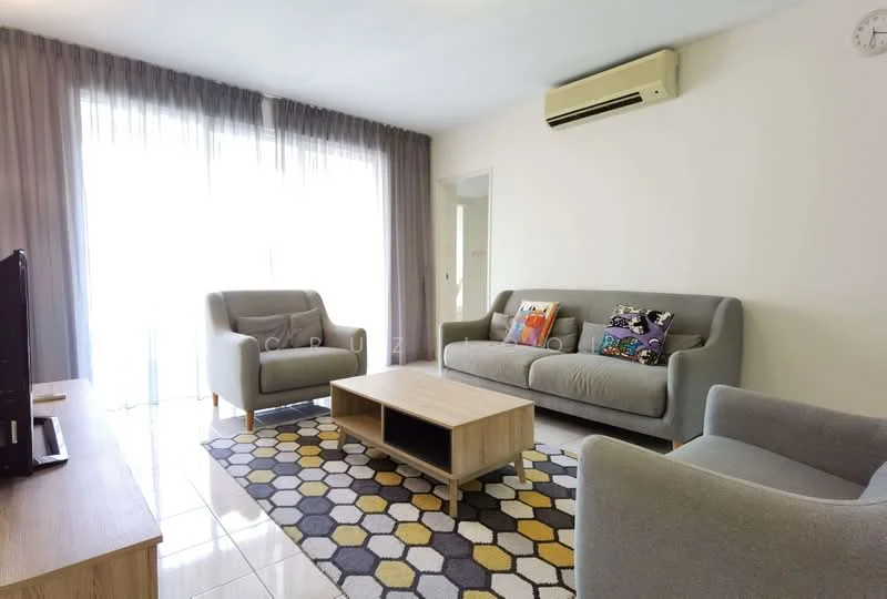 Living features: 2-seater fabric sofa in grey, armchair in grey, coffee table in light wood, area rug with hexagonal pattern in multiple colors, floor-to-ceiling windows with sheer curtains, wall-mounted split AC, decorative cushions, TV console, wall clock; style: modern.