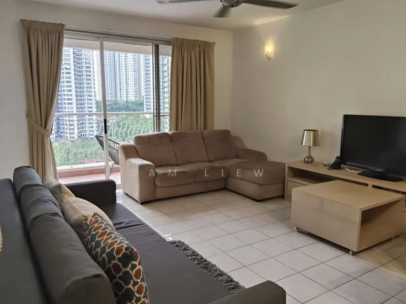 Living features: 3-seater fabric sofa in beige, 2-seater fabric sofa in grey, coffee table, TV console, wall-mounted TV, floor-to-ceiling windows, curtains, ceiling fan, tile flooring, decorative cushions, area rug; style: contemporary; view: city.