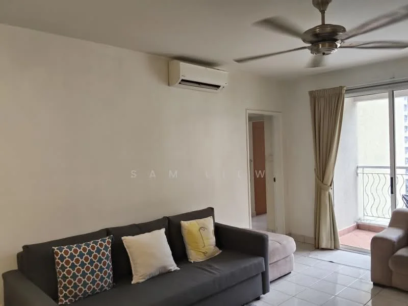 Living features: 3-seater fabric sofa in grey, 2 decorative pillows, ceiling fan, wall-mounted split AC, floor-to-ceiling sliding glass door, curtains, white painted walls, tile flooring; style: modern.