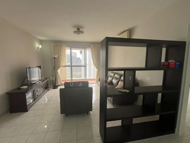 Living features: white painted walls, ceramic tile flooring, recessed downlights, ceiling fan, sofa in grey, coffee table, TV console, wall-mounted TV, bookshelf, curtains, large windows with city view; style: modern; view: city.