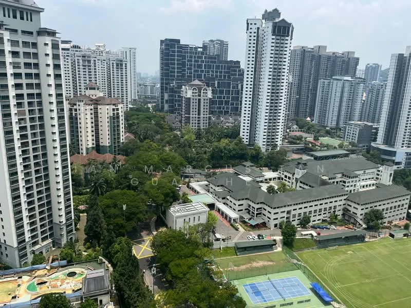 Exterior type: high-rise condominium; features: multiple high-rise buildings, green landscaping, swimming pool visible, sports field, manicured lawns, surrounding urban environment, city skyline in background; style: modern.