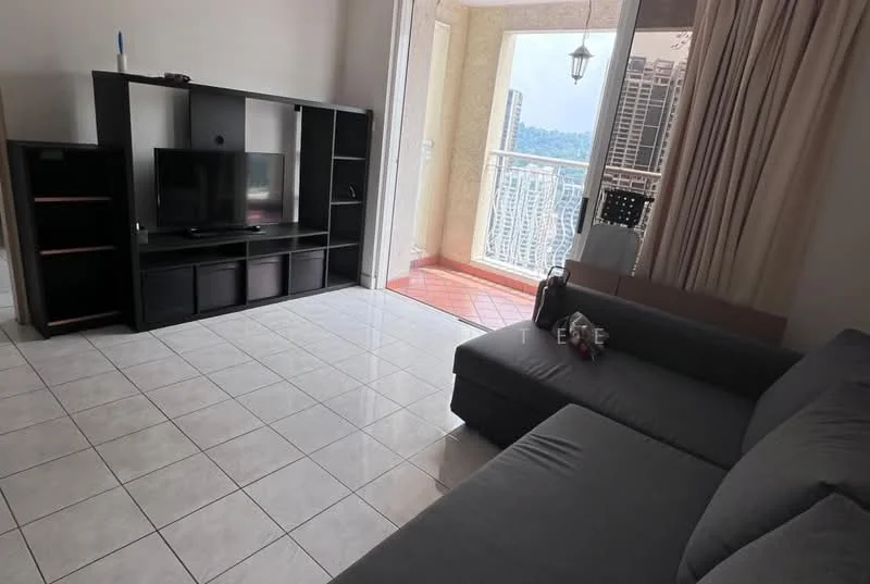 Living features: grey fabric L-shape sectional sofa, black TV console, wall-mounted TV, white tiled flooring, floor-to-ceiling windows, sheer curtains, light-colored walls, balcony access, decorative lamp, area rug; style: modern; view: city.
