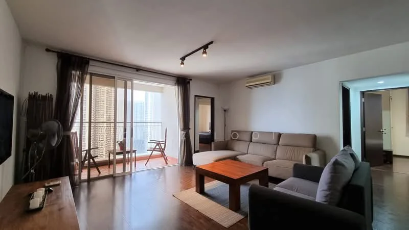 Living features: 3-seater fabric sofa in beige, 2-seater fabric sofa in grey, wooden coffee table, TV console, wall-mounted TV, floor-to-ceiling windows, sliding glass door, curtains, wooden flooring, recessed downlights, wall-mounted air conditioning unit; style: modern; view: city.
