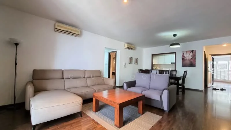 Living features: 3-seater fabric sofa in beige, 2-seater fabric sofa in grey, wooden coffee table, area rug, wall-mounted split AC, recessed downlights, laminate flooring, white painted walls, decorative wall art, dining table visible in background; style: modern.