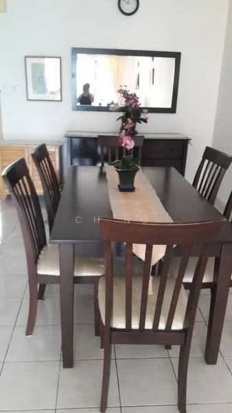 Dining features: 6-seater dining table, dark wood dining table, upholstered dining chairs in cream, centerpiece with flowers, table runner, mirror on wall, wall clock, light-colored walls, tile flooring, sideboard in background; style: modern.
