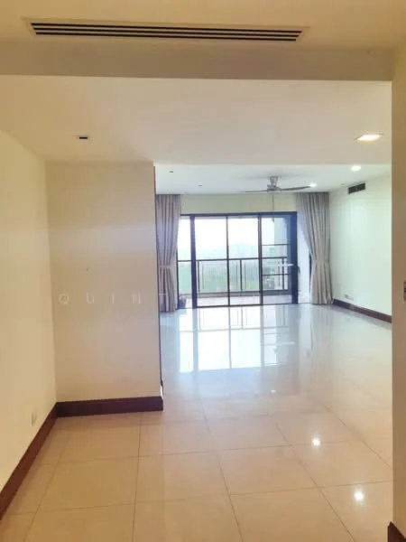 Living features: white painted walls, glossy ceramic tile flooring, 5-blade ceiling fan, floor-to-ceiling windows, sliding glass door, sheer curtains, recessed downlights, balcony access, neutral color scheme, open layout; style: modern; view: garden.