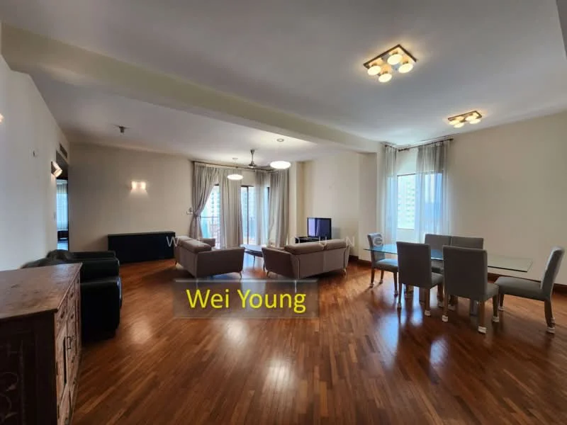 Living features: wooden flooring, white painted walls, recessed downlights, floor-to-ceiling windows, sheer curtains, 3-seater fabric sofa in grey, 2-seater fabric sofa in beige, glass coffee table, dining table for 6 with upholstered chairs, TV console, wall-mounted TV, decorative wall art, area rug; style: modern; view: city.