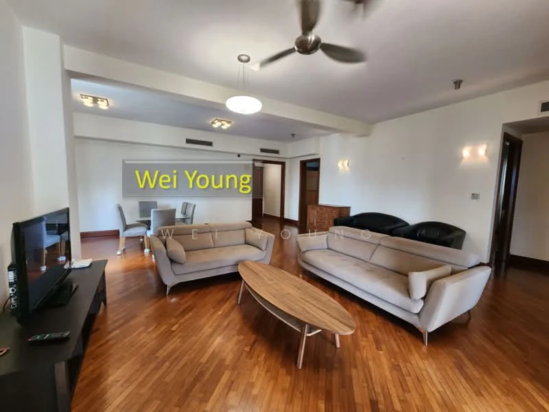 Living features: 2-seater fabric sofa in grey, 3-seater fabric sofa in beige, wooden coffee table, wall-mounted TV, wooden flooring, ceiling fan, recessed downlights, decorative wall sconces, large windows, open layout, neutral wall colour, area rug; style: modern.
