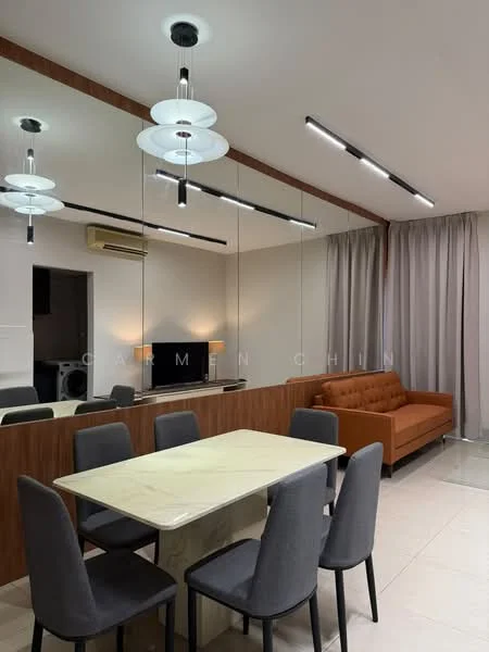 Dining features: marble dining table, 6 upholstered dining chairs in grey, wooden sideboard with mirror, pendant lighting fixtures, recessed LED strip lighting, floor-to-ceiling windows with sheer curtains, wall-mounted TV, air conditioning unit, light-coloured tiled flooring, brown fabric sofa, decorative wall paneling; style: modern.