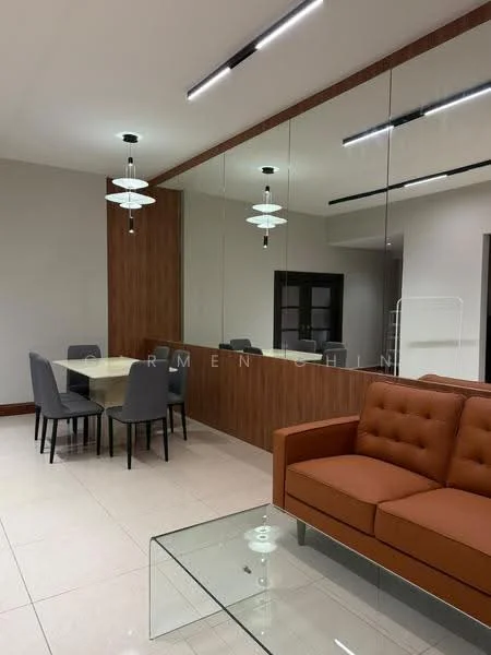 Living features: orange upholstered sofa, glass coffee table, 4-seater dining table, grey upholstered dining chairs, wood panel accent wall, mirrored wall, recessed LED downlights, pendant lamps, ceramic tile flooring, neutral painted walls; style: modern.