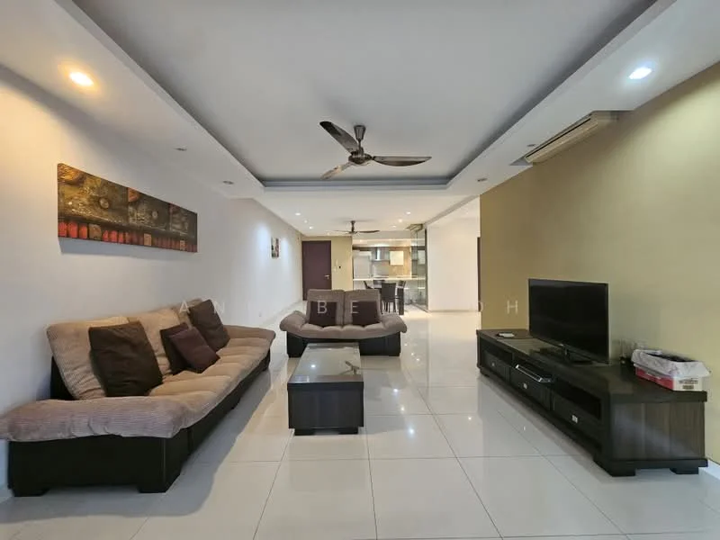 Living features: 3-seater fabric sofa in beige, 2-seater fabric sofa in beige, brown wooden coffee table, TV console in dark wood, wall-mounted TV, recessed downlights, ceiling fan, white painted walls, glossy white tile flooring, decorative artwork on wall, open layout to kitchen, sliding glass door to balcony; style: modern.