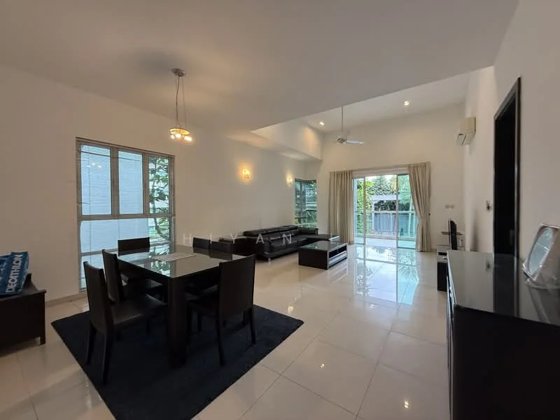 Living features: white painted walls, high ceiling, large windows, sliding glass door, floor-to-ceiling windows, ceramic tile flooring, 5-blade ceiling fan, recessed downlights, black leather sofa, glass dining table, 4 dining chairs, area rug, TV console, decorative mirror; style: modern; view: garden.
