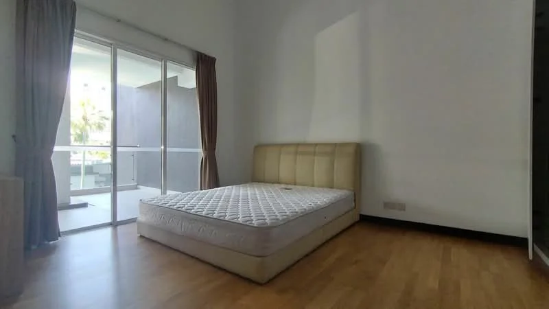 Bedroom features: queen-size bed without bedding, floor-to-ceiling windows, sliding glass door, wooden flooring, white painted walls, curtains in brown, minimalist headboard, balcony view; style: modern; view: garden.
