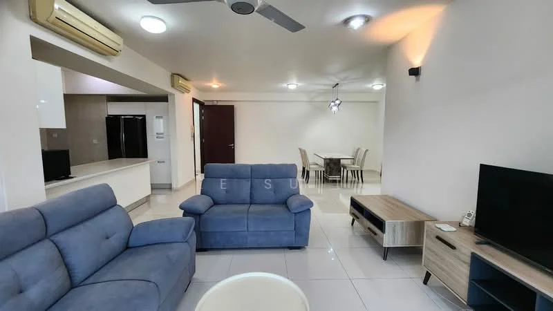 Living features: 3-seater fabric sofa in blue, 2-seater fabric sofa in blue, wall-mounted TV, TV console in wood, recessed downlights, ceiling fan, white walls, glossy tile flooring, dining area visible in background, dining table with chairs, large windows with natural light; style: modern.