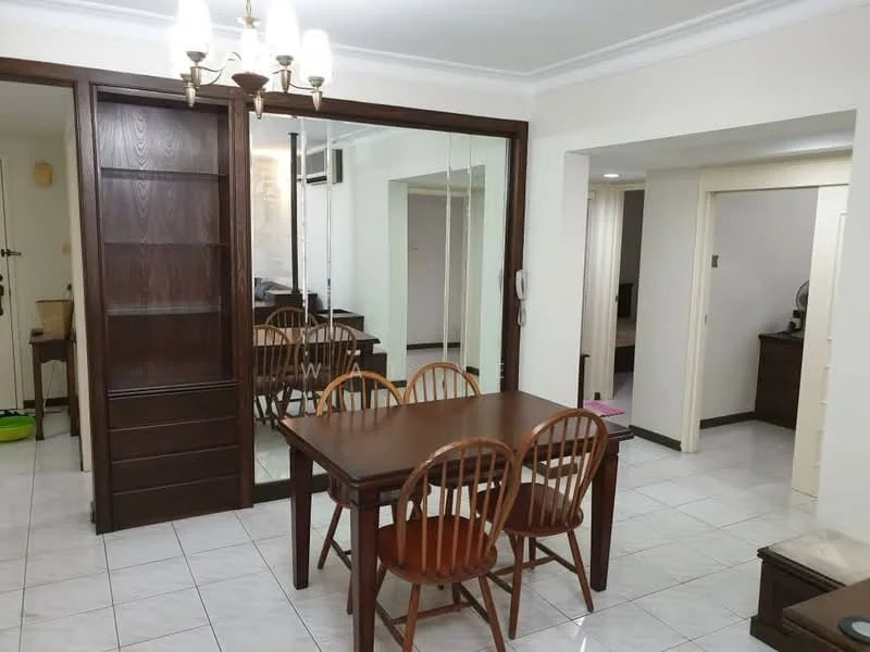 Dining features: wood dining table, 4 wooden dining chairs, mirrored wall, chandelier with multiple bulbs, white ceiling, cream tiled flooring, built-in wooden shelving, air conditioning unit on wall; style: modern. Room features: white painted walls, doorway leading to another room.