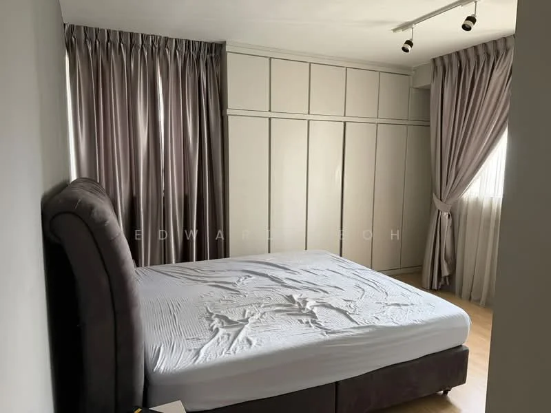 Bedroom features: queen-size bed, upholstered headboard, built-in wardrobe with sliding doors, floor-to-ceiling window, sheer curtains, dark wood flooring, recessed downlights, wall-mounted track lighting; style: modern.