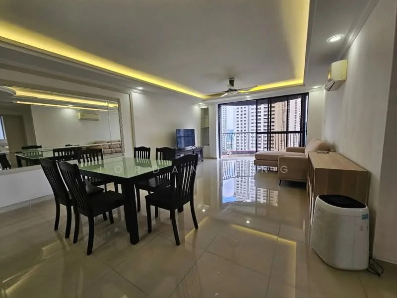 Living features: white painted walls, marble tile flooring, 5-blade ceiling fan with light, recessed LED downlights, floor-to-ceiling windows, sliding glass door, cream fabric sofa, glass dining table, black dining chairs, TV console, wall-mounted TV, air conditioning unit, decorative mirror; style: modern; view: city.