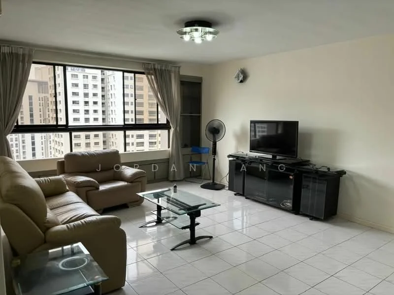 Living features: cream painted walls, white tiled flooring, 5-blade ceiling fan with light, large windows with city view, beige leather sofa, glass coffee table, black TV console, wall-mounted TV, curtains, decorative wall-mounted speaker; style: modern; view: city.