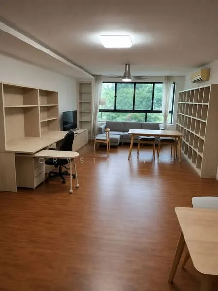 Study features: laminate flooring, white painted walls, ceiling light fixture, large window with view of greenery, built-in shelving units, two study desks, computer monitor on desk, sofa, air conditioning unit; style: modern; view: garden.