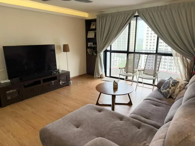 Living features: grey fabric sectional sofa, round wooden coffee table, wall-mounted TV, TV console with storage, floor-to-ceiling windows, sheer curtains, wooden flooring, decorative throw pillows, reading lamp, two outdoor chairs on balcony; style: modern; view: city.