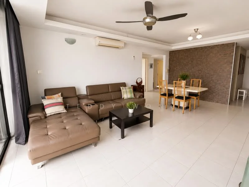 Living features: L-shape sectional sofa in brown leather, coffee table in black, ceiling fan with light, recessed downlights, white walls, cream tiled flooring, floor-to-ceiling windows with sheer curtains, decorative wall with exposed brick, dining area with wooden dining table and chairs; style: modern; view: city.