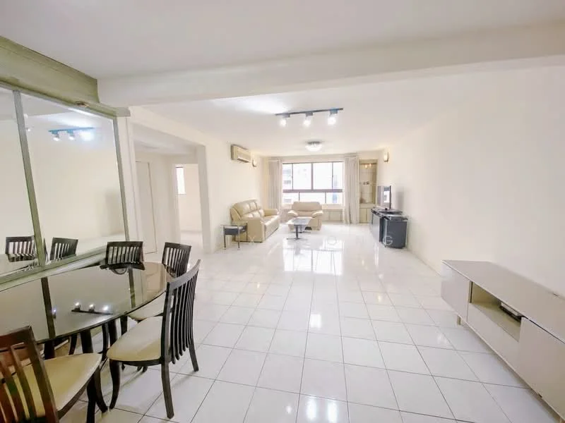 Living features: white painted walls, glossy ceramic tile flooring, recessed downlights, 2-seater leather sofa in beige, 3-seater fabric sofa in beige, coffee table, TV console, wall-mounted TV, air conditioning unit, large windows with natural light, dining table with black chairs; style: modern.