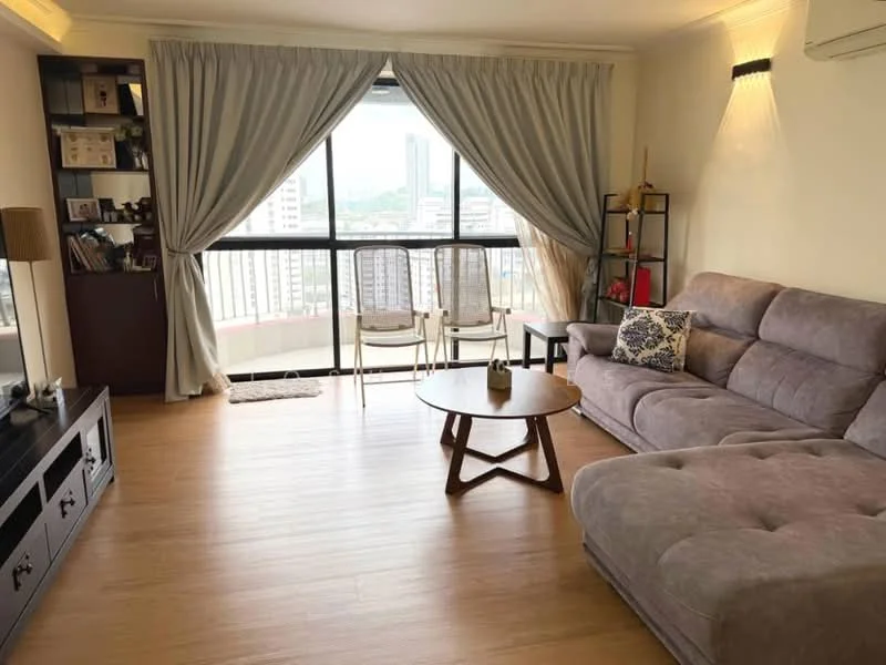 Living features: grey fabric sectional sofa, round wooden coffee table, floor-to-ceiling windows, sheer curtains, wooden flooring, TV console, decorative wall shelving, wall-mounted decor, city view; style: modern; view: city.