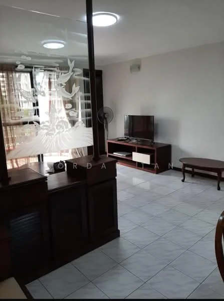 Living features: white painted walls, glossy tile flooring, ceiling lights, wall-mounted TV, wooden TV console, brown wooden coffee table, floor-to-ceiling windows with sheer curtains, ceiling fan; style: modern.