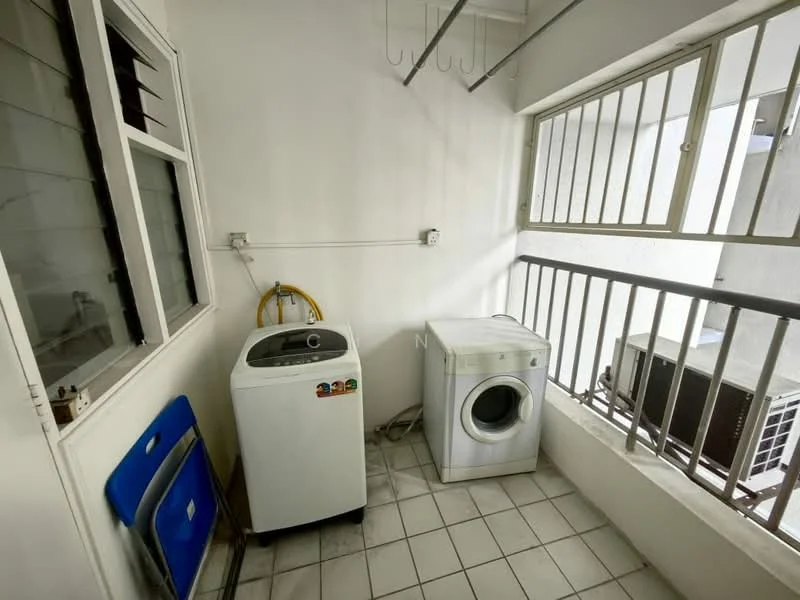 Laundry features: top-load washing machine, front-load washing machine, white tiled flooring, white painted walls, metal railing, window with grid, hanging hooks on wall, blue folding chair.