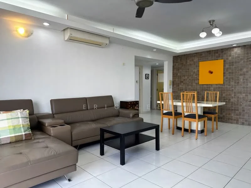 Living features: 3-seater leather sofa in brown, coffee table in black, dining table for 6 with wooden chairs, white tiled flooring, recessed downlights, ceiling fan, wall-mounted air conditioning unit, decorative wall with tile cladding, framed artwork in yellow, large windows for natural light; style: modern.