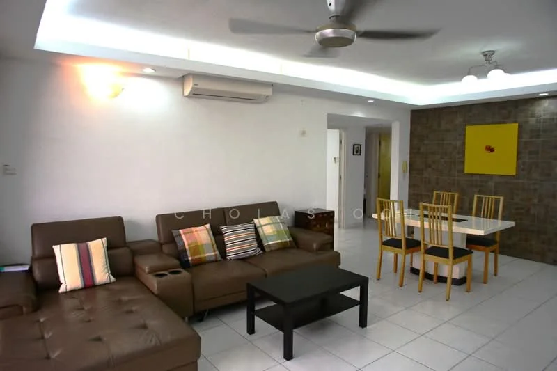 Living features: 3-seater brown leather sofa, striped throw pillows, black coffee table, white tiled flooring, recessed ceiling lights, ceiling fan, wall-mounted air conditioning unit, decorative wall with stone cladding, dining area with white dining table, 4 wooden dining chairs, yellow wall art; style: modern.