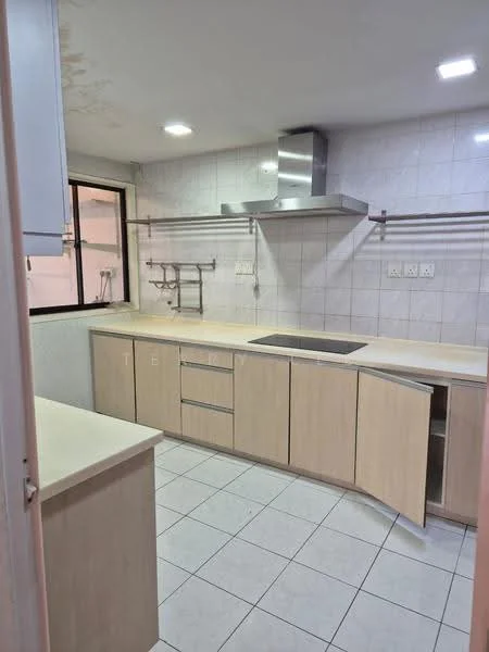 Kitchen features: light wood cabinetry, stainless-steel range hood, single-bowl stainless-steel sink, chrome faucet, white tiled backsplash, white tiled flooring, countertop with light surface, window with black frame, open shelving, cooking area with wall-mounted racks; style: modern.