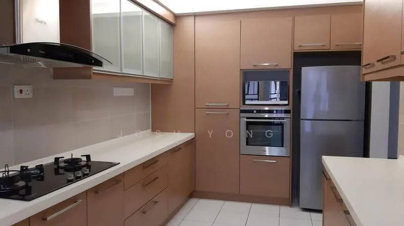Kitchen features: light wood cabinetry, white quartz countertop, stainless-steel built-in oven, stainless-steel fridge, 4-burner gas hob, stainless-steel range hood, glass-front upper cabinets, white tiled backsplash, white tiled flooring, under-cabinet lighting; style: modern.