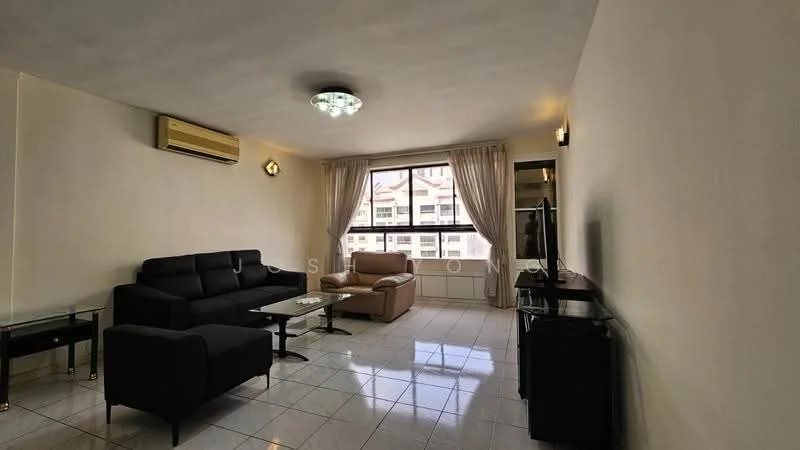 Living features: black fabric 3-seater sofa, beige leather armchair, glass coffee table, black TV console, wall-mounted TV, floor-to-ceiling windows, sheer curtains, white painted walls, recessed downlights, 1 wall-mounted split AC, glossy tile flooring; style: modern.
